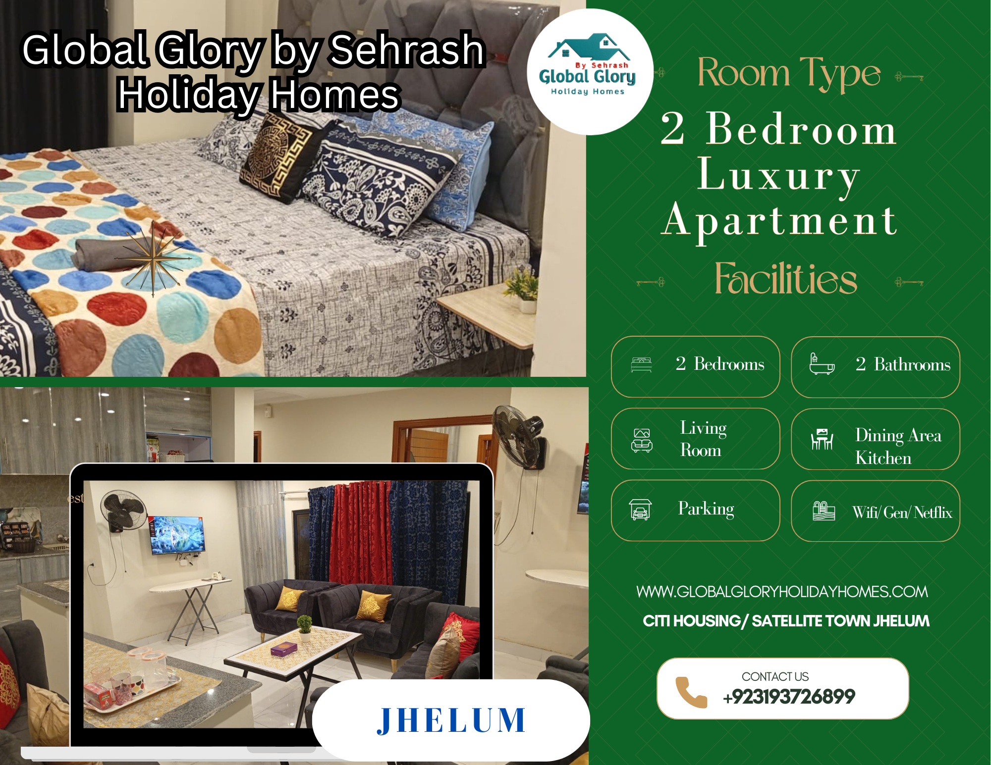 R13, Charming 2-Bed Holiday Home (Apartment) by Global Glory— Citi Housing Jhelum